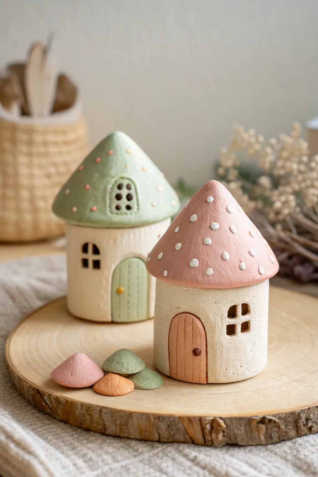 Tiny pastel clay fairy houses with simple doors and windows, a sweet kid-friendly craft idea.