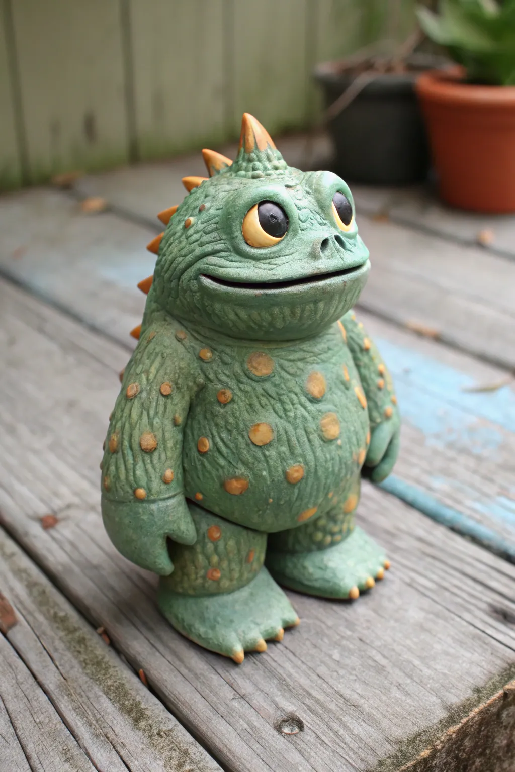 Scaly swamp monster clay figure with stamped scales and warty bumps in earthy greens.