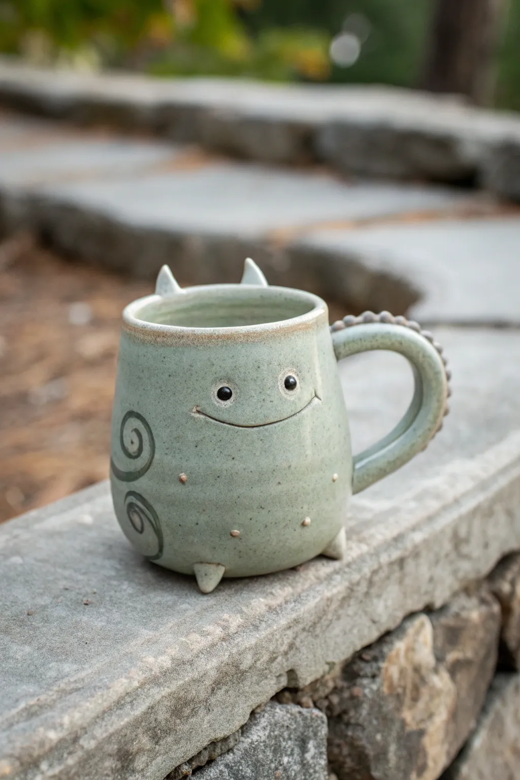 Tail-wrap handle monster mug in a muted glaze, simple curves and cozy handcrafted charm