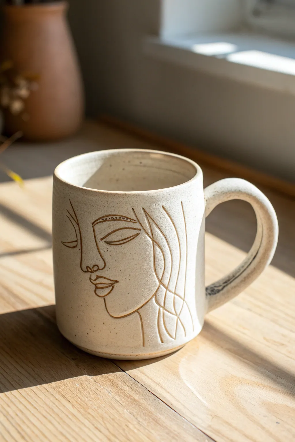 Simple sgraffito face line mug in warm neutrals, an easy minimalist design to copy.