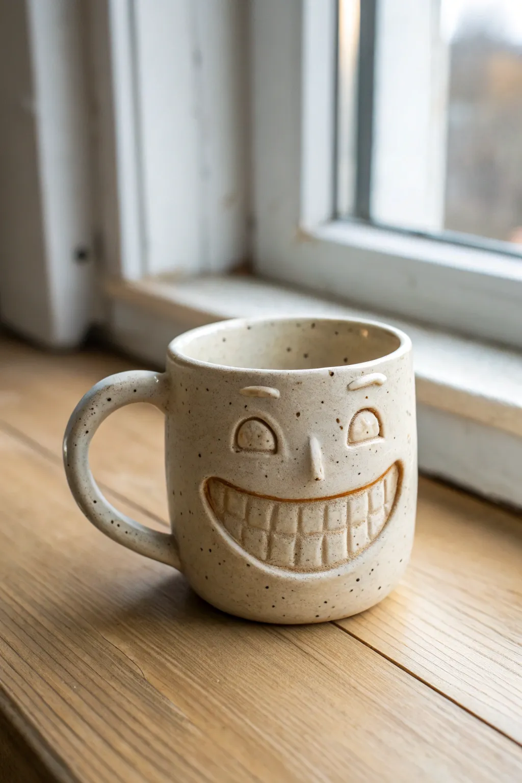 Goofy grin mug with a sweet tooth gap, minimalist glaze and cozy Scandinavian boho vibes.