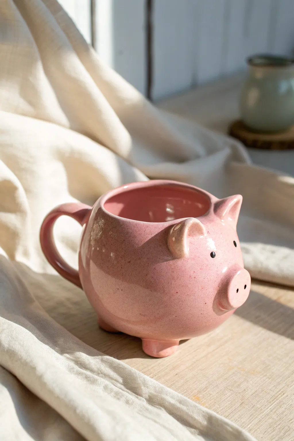 Rosy pig mug with a peek-a-boo piglet pocket, minimalist handmade charm for cozy mornings