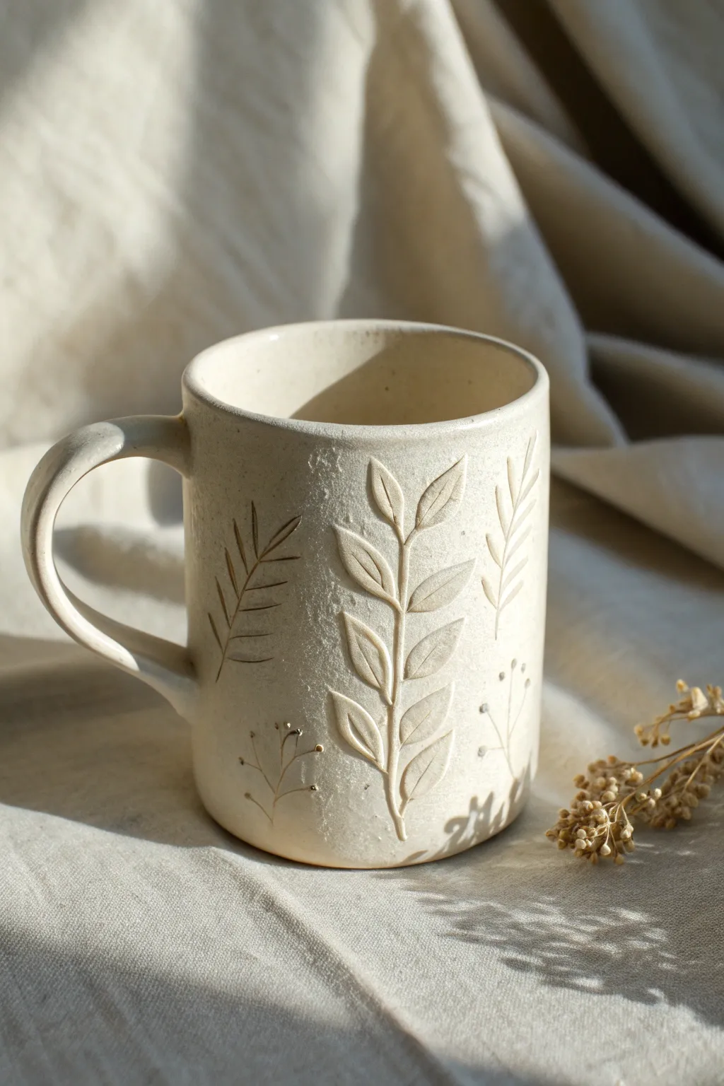 Soft relief leaves catch the light on this minimalist clay mug, simple and touchable.