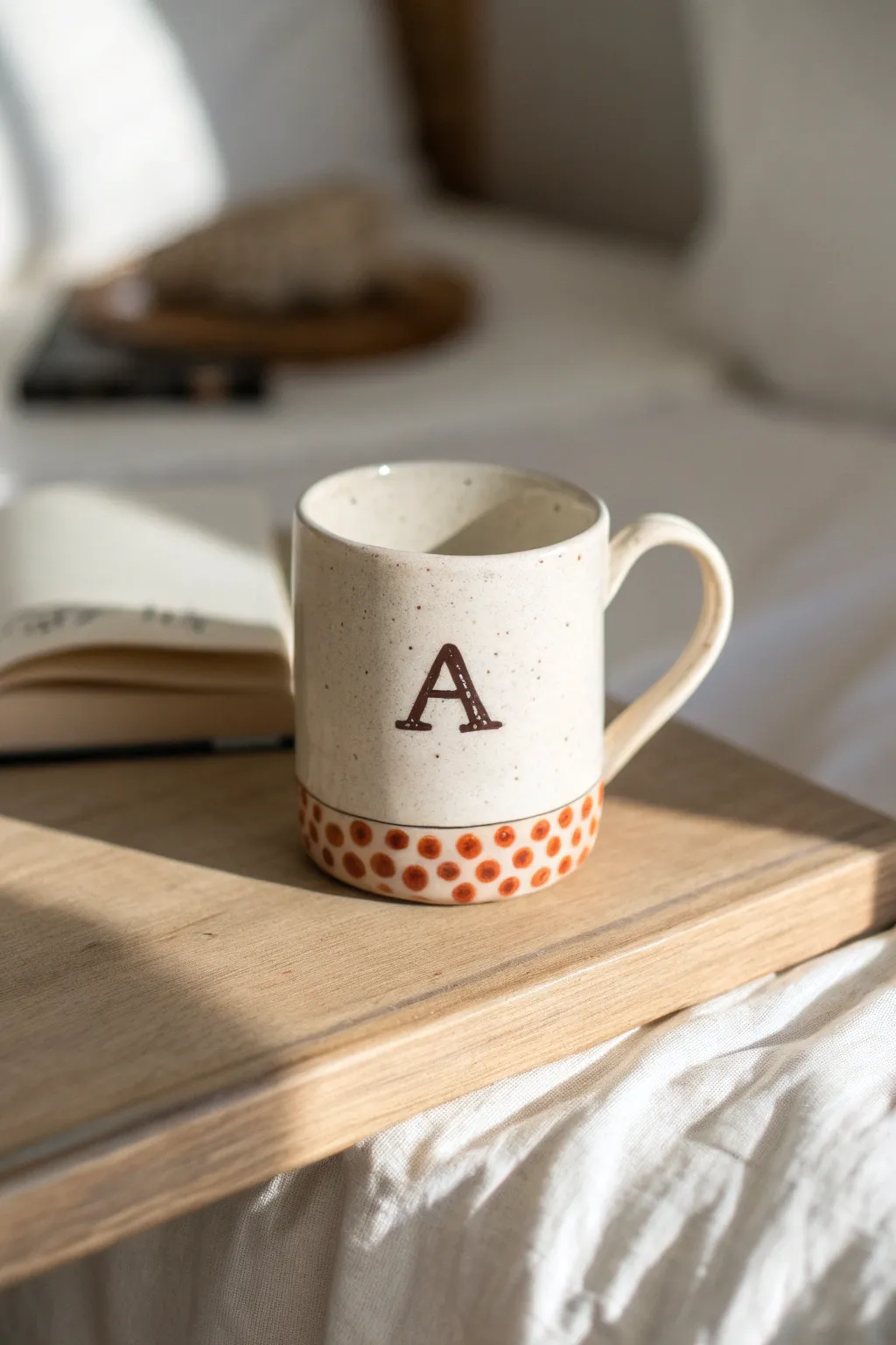 Simple monogram mug: one bold initial and tiny dot accents for an easy, cozy painted finish.