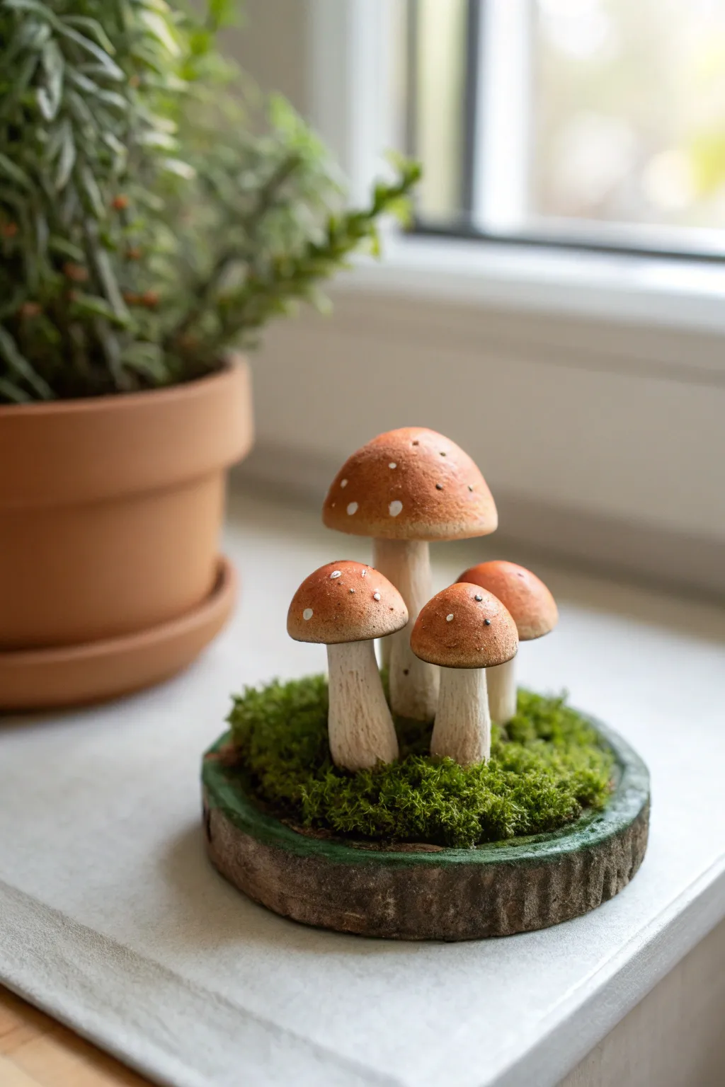 Tiny clay mushroom cluster on a mossy green base, a calm minimalist forest moment