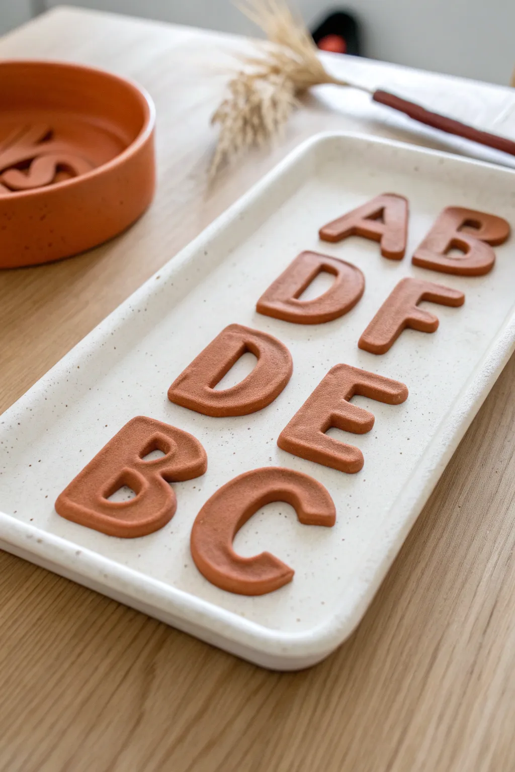 Chunky raised 3D clay letters on a matte base for a clean Scandinavian name plate with boho warmth
