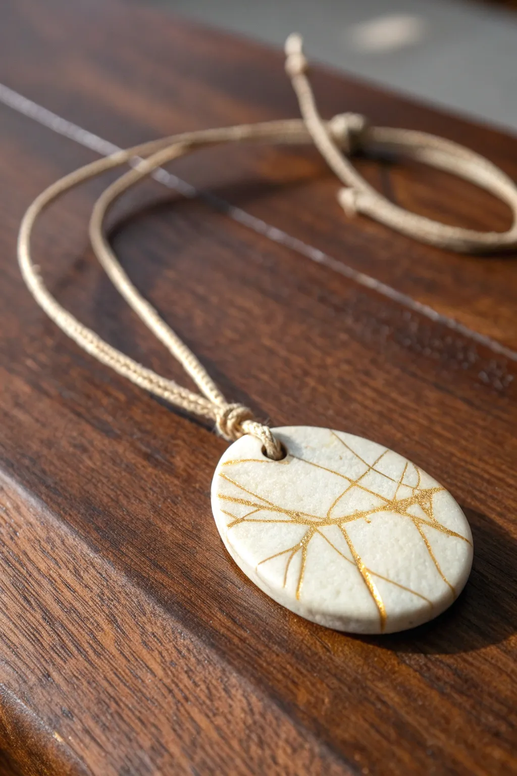 Crackle-texture clay pendant necklace on dark wood, minimalist boho statement detail.