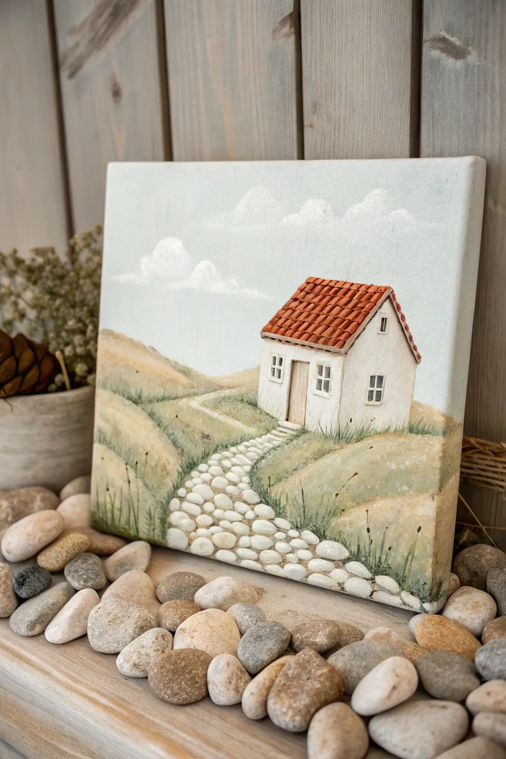 Storybook cottage canvas with handmade clay roof tiles and pebble path in soft Nordic tones