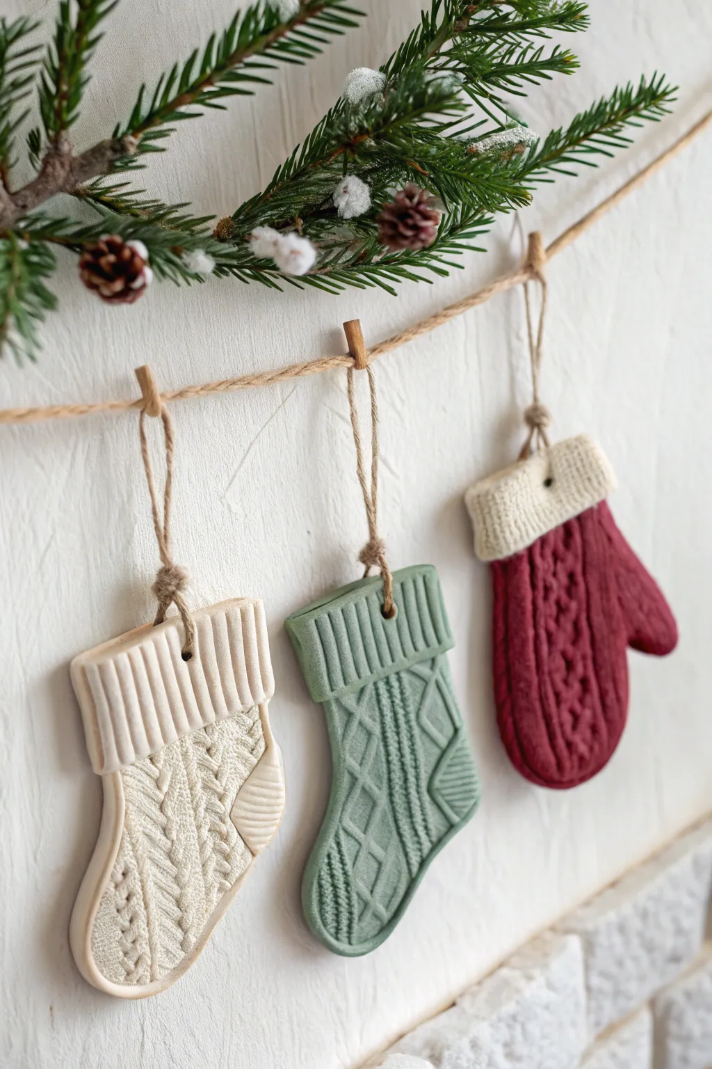 Sweater-textured clay mitten and stocking ornaments in cozy winter hues, minimal and handmade.