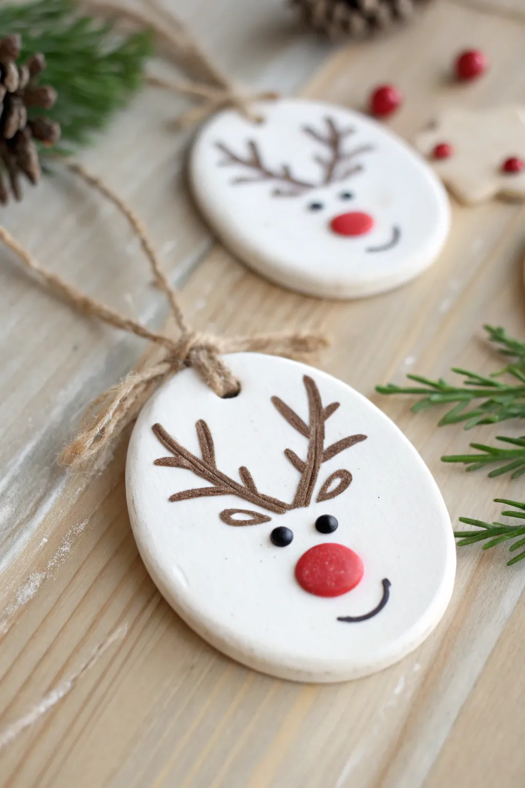Sweet reindeer face clay ornaments with a bold red nose, simple details, and cozy Nordic styling.