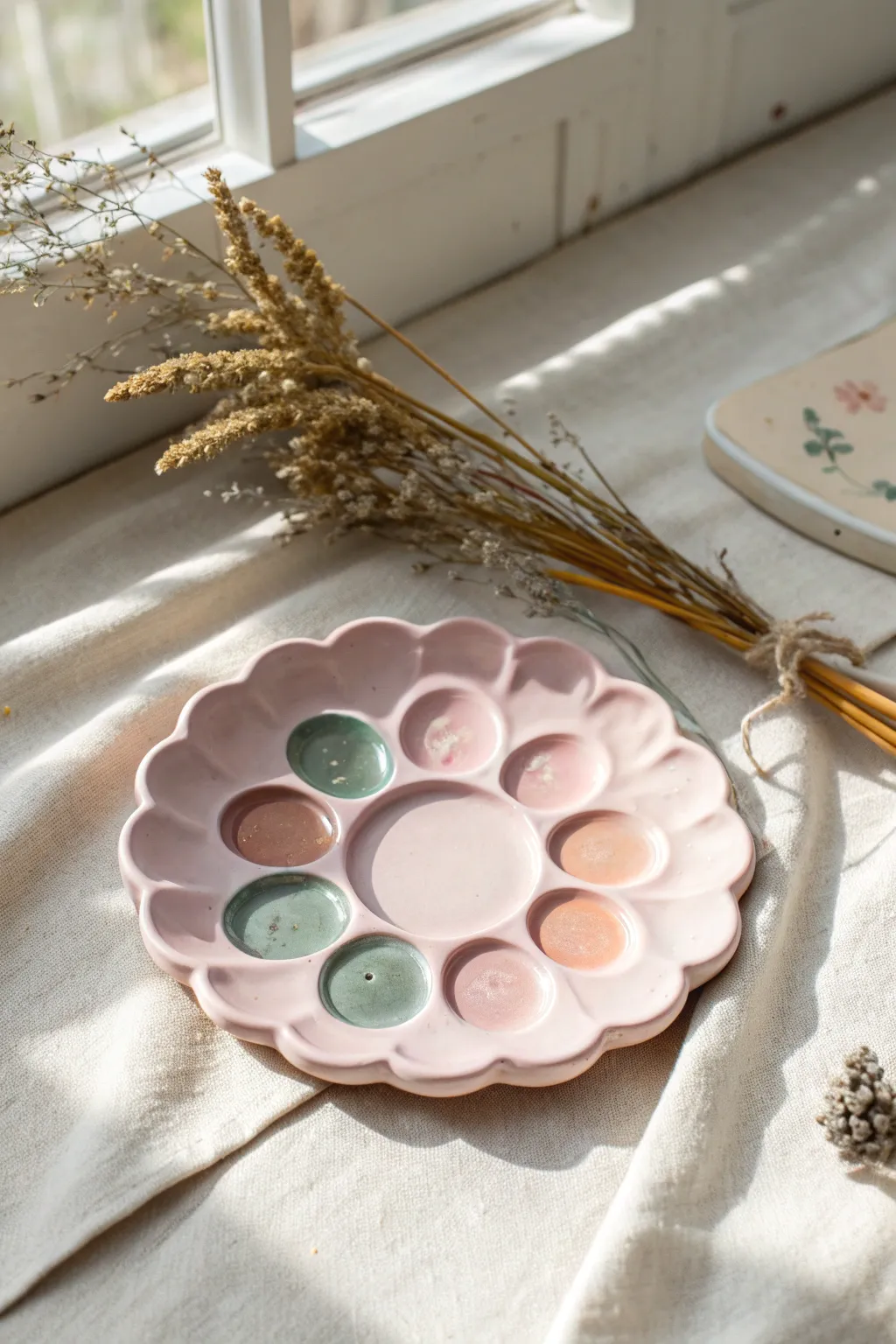 Scalloped pastel clay paint palette with soft paint dabs for a delicate floral, boho-minimal vibe