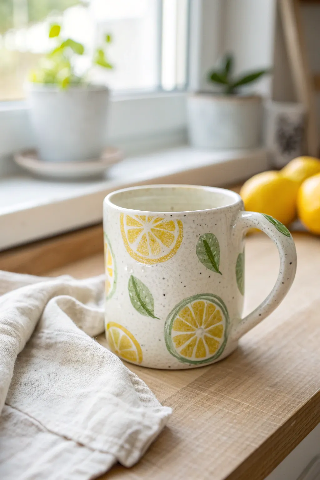 Sunny lemon-slice painted mug in minimalist Scandinavian kitchen styling, bright and handmade charm.