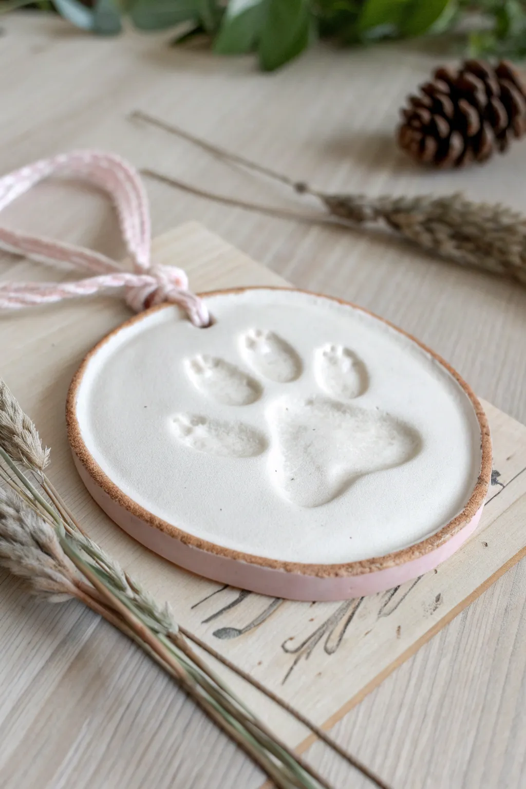 Minimal clay paw print plaque with a softly color-dipped rim for a calm, modern finish