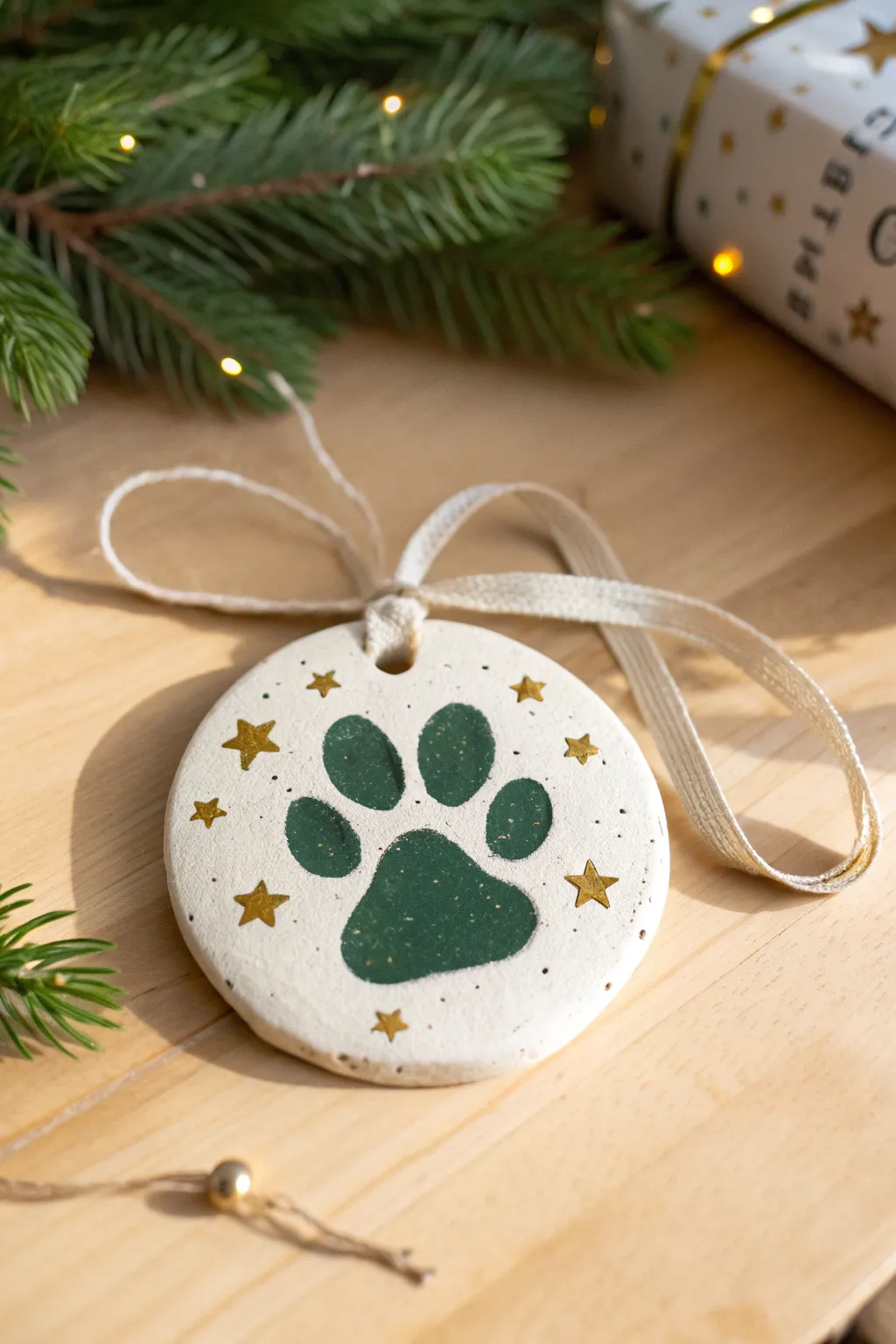 Holiday-ready paw print ornament in deep evergreen, tiny stars, and a natural linen ribbon.