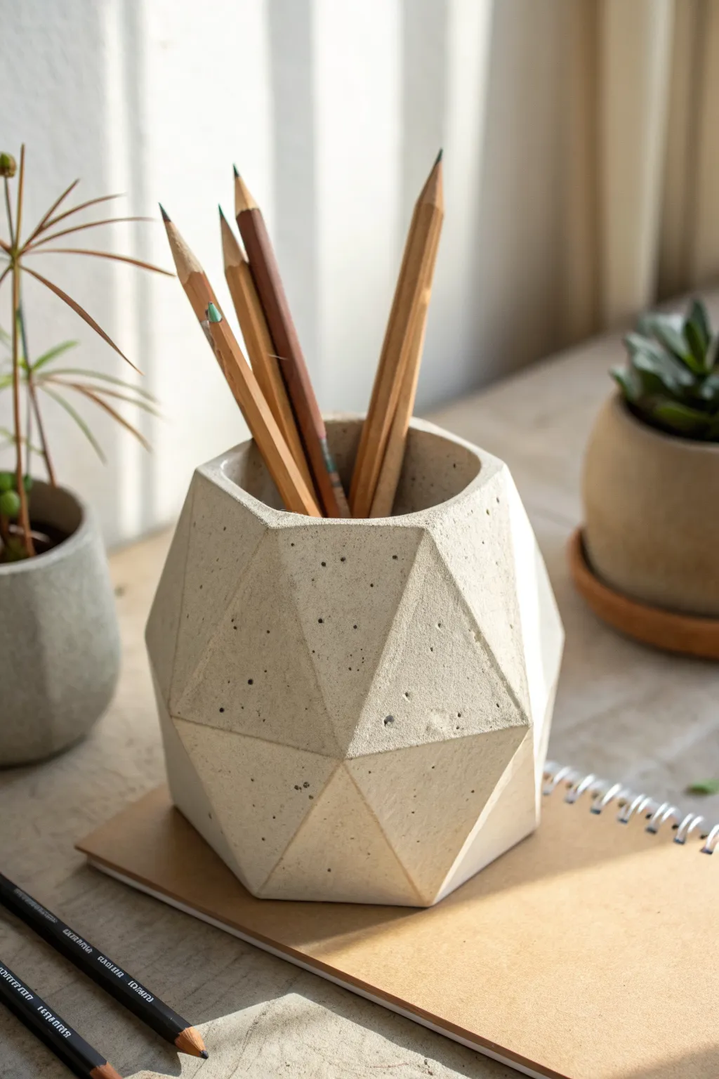 Faceted clay pen holder with an easy gemstone look, styled simply with everyday pencils.