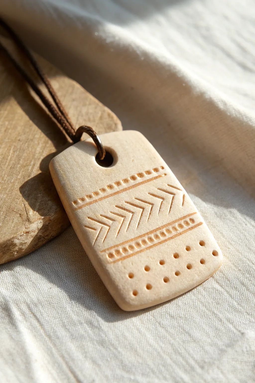 Minimal clay pendant with raised stamped pattern, clean lines and soft natural contrast