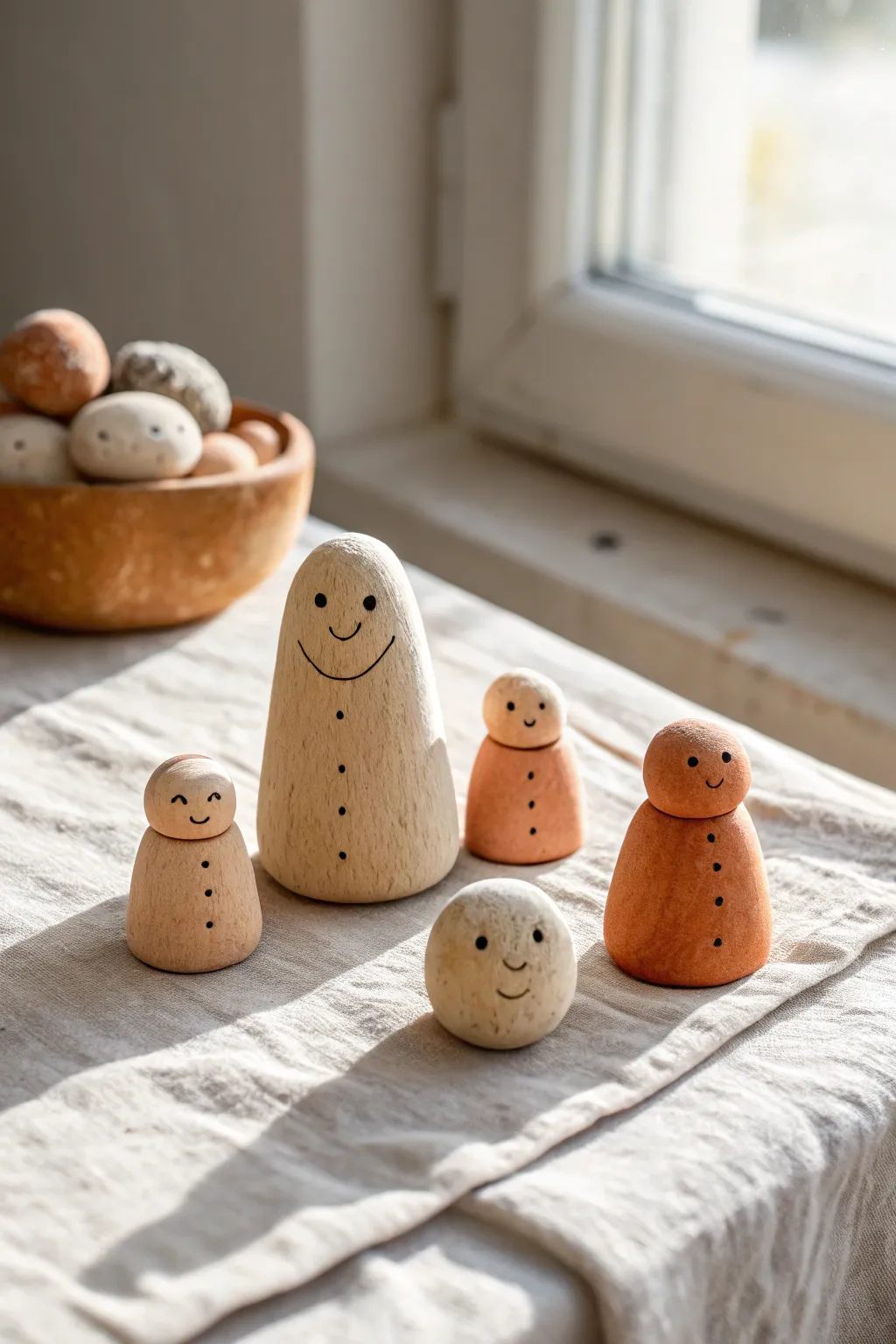 Minimalist no-arms blob people in warm neutrals, simple faces and cozy Scandinavian boho vibes