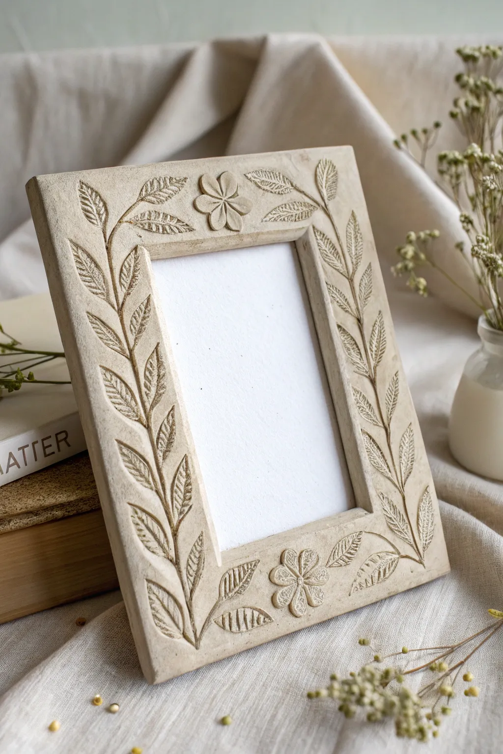 Stamped botanicals and a soft antique wash make this minimalist clay frame feel timeless.
