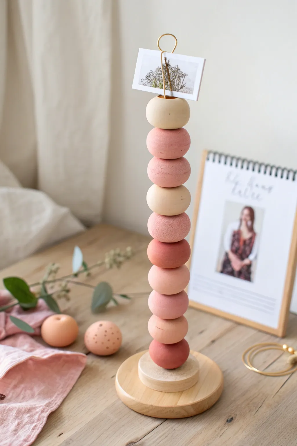 Stacked clay bead tower clip stand in blush and sand, a minimal boho photo holder idea.