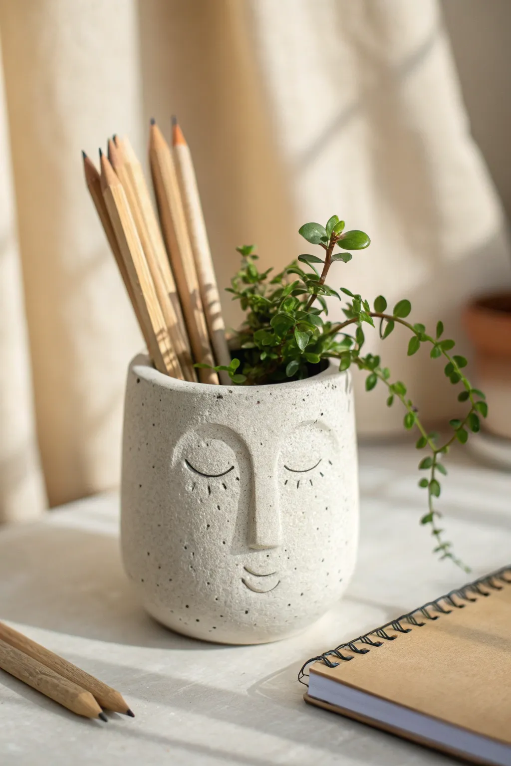 Minimal face planter pencil cup in matte stoneware, styled with greenery for a calm boho look