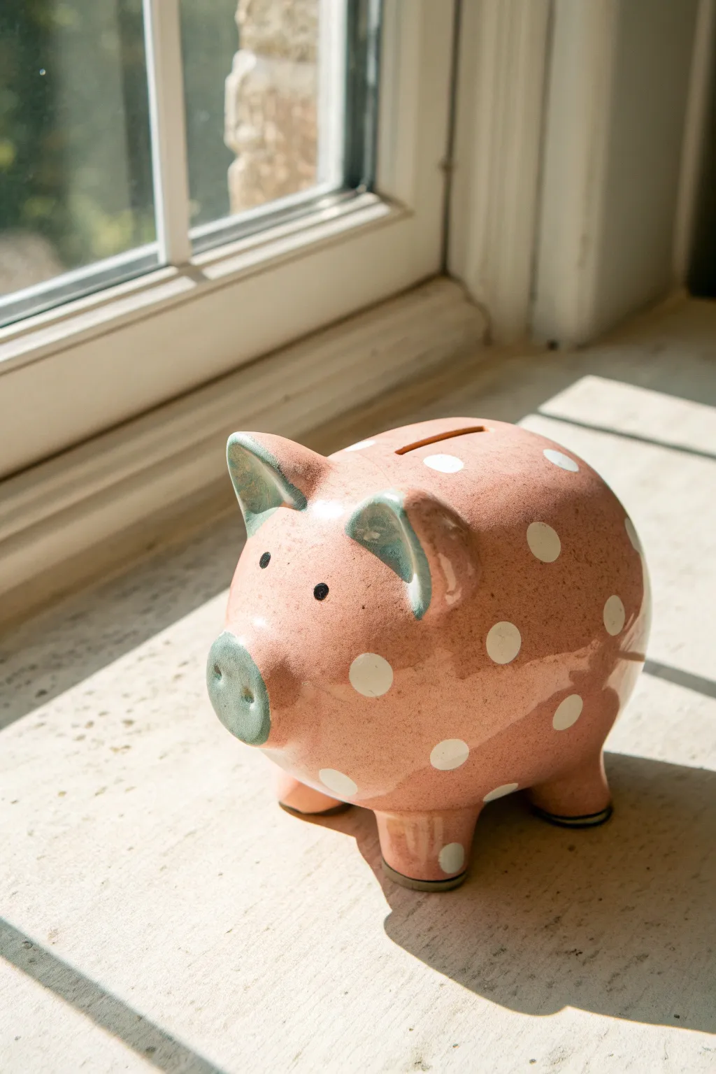 Blush polka dots and soft color-blocked accents make this clay piggy bank feel playful and chic.