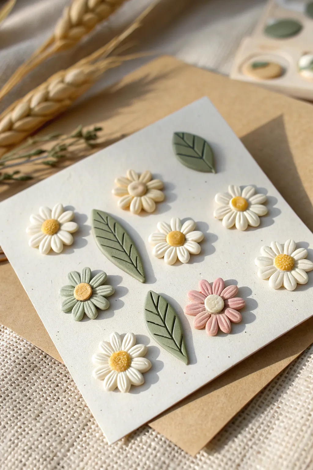 Tiny daisy and leaf clay pins in a clean grid, perfect minimal botanical charm for any outfit.