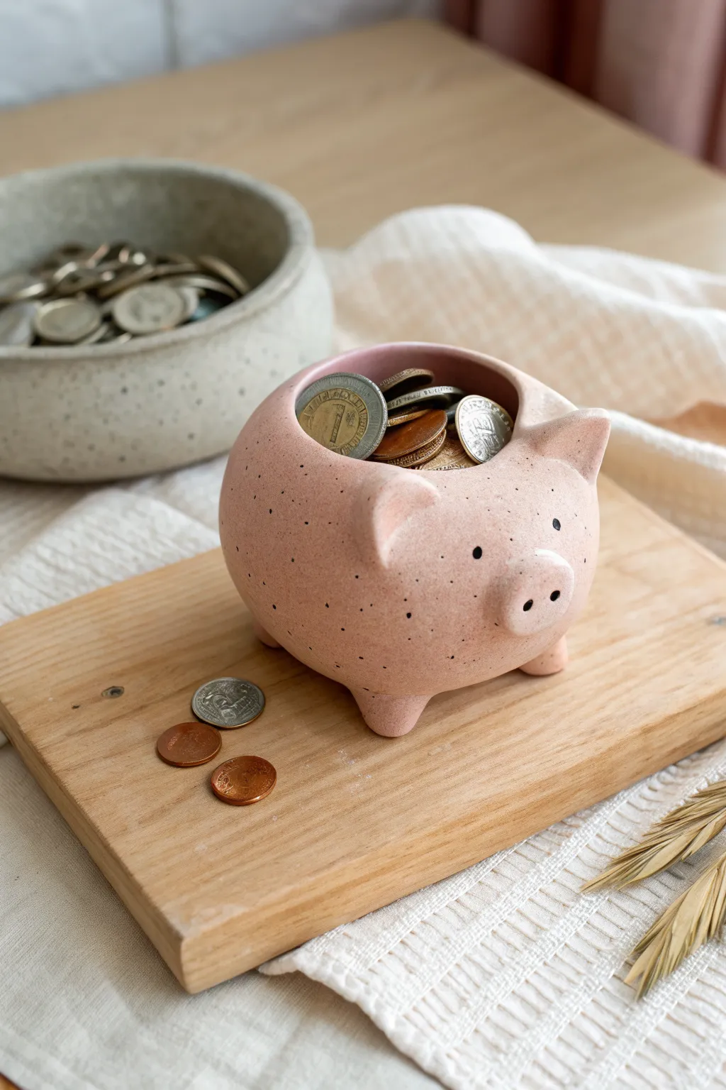 Round pig pinch pot coin bowl with a few coins inside, minimalist and sweet handmade decor.