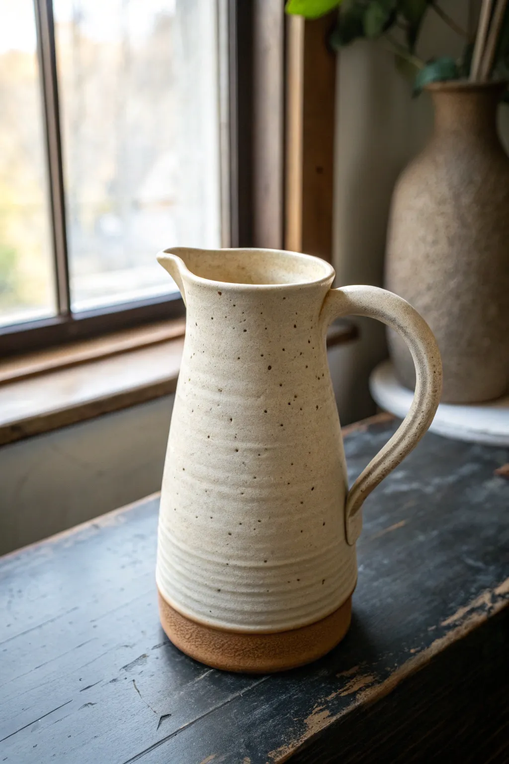 Footed clay pitcher with a defined ring base, minimalist and sturdy with soft boho warmth.