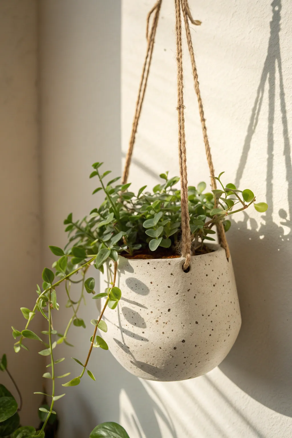 Hanging mini clay planter with sculpted trailing vines for a cozy minimalist boho wall.
