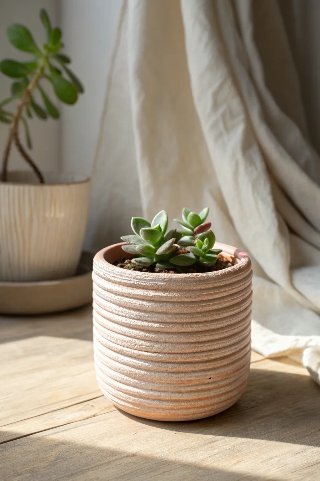 Coil-built fluted clay pot with a succulent, matte finish and calm Scandinavian boho vibes.