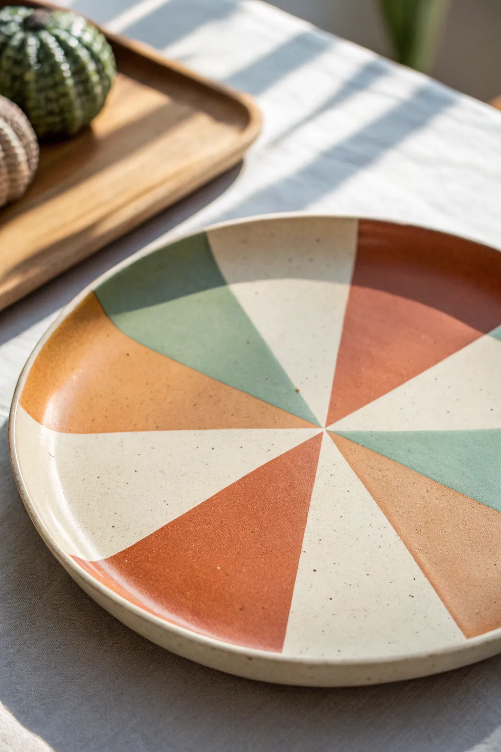 Modern color-blocked clay plate with bold geometric shapes in soft Scandinavian tones