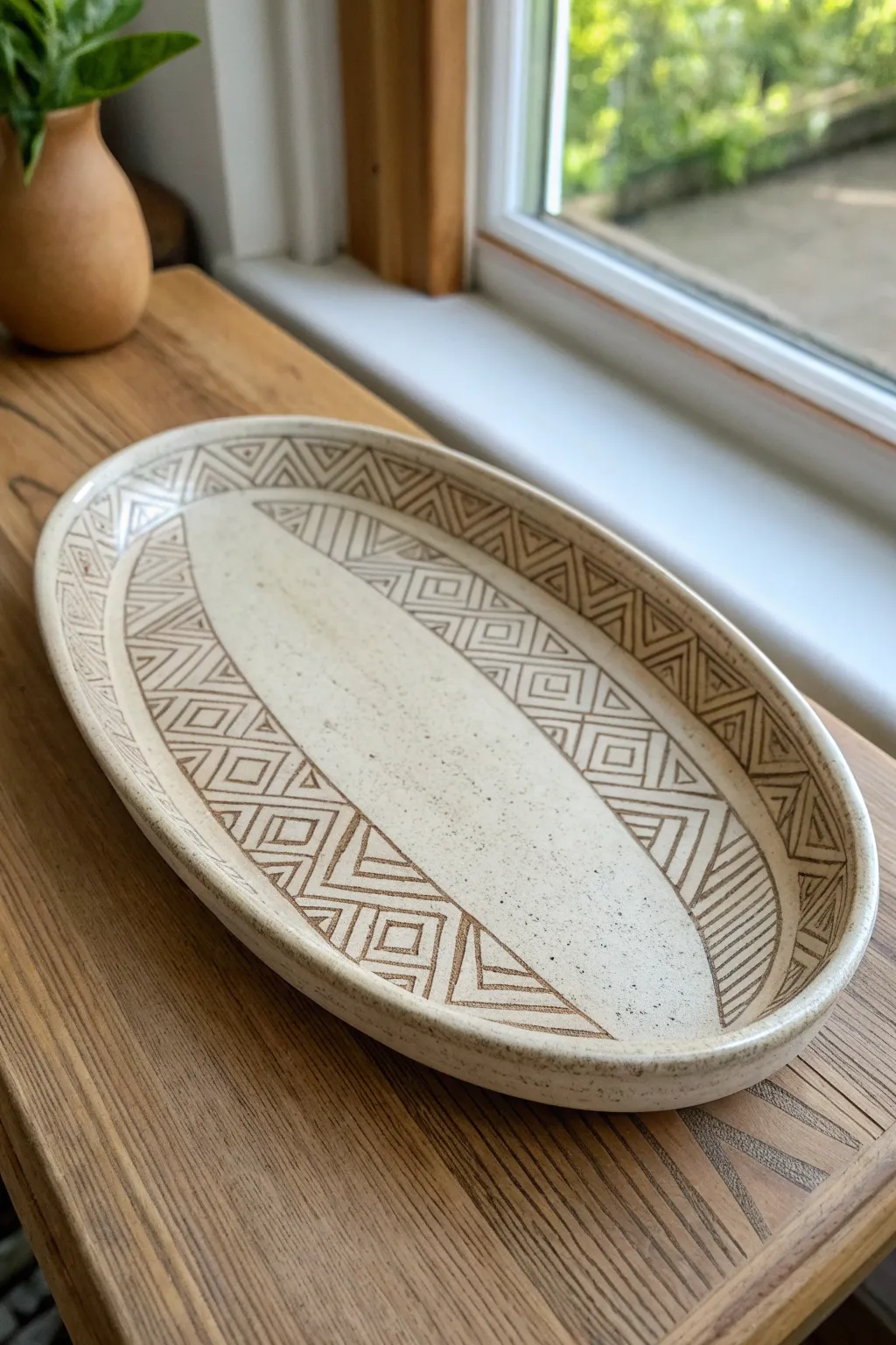 Minimalist stamped clay platter with a bold geometric pattern highlighted by a soft contrast wash