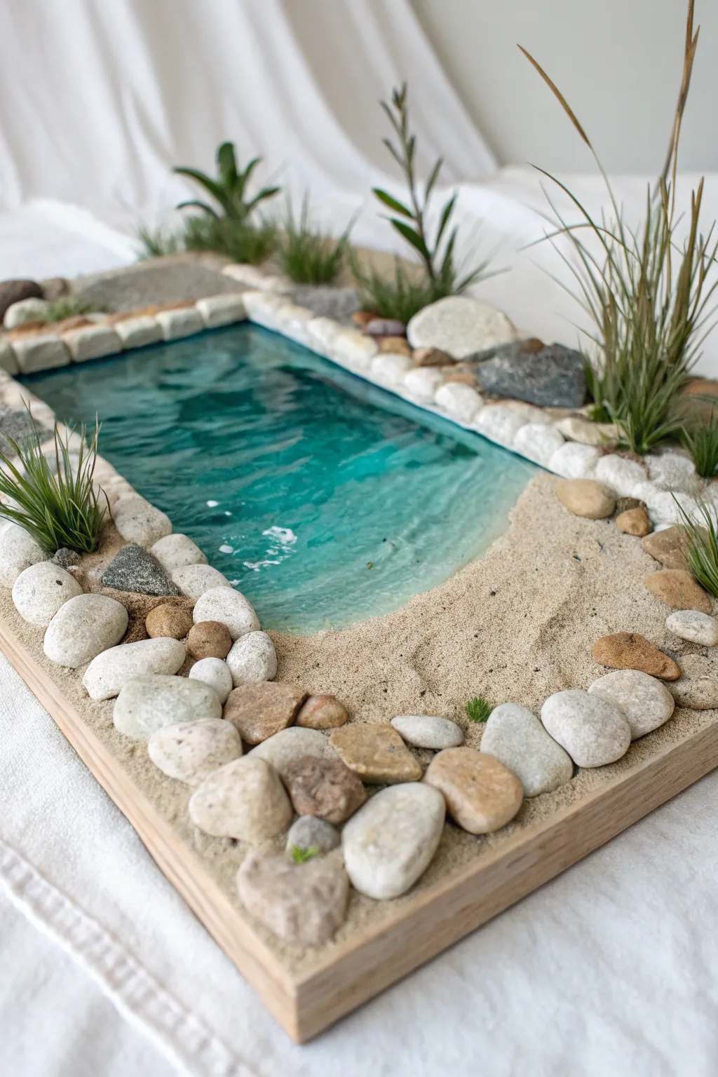 Minimal clay pond diorama base with layered stones and sandy shore, shelf-ready and serene