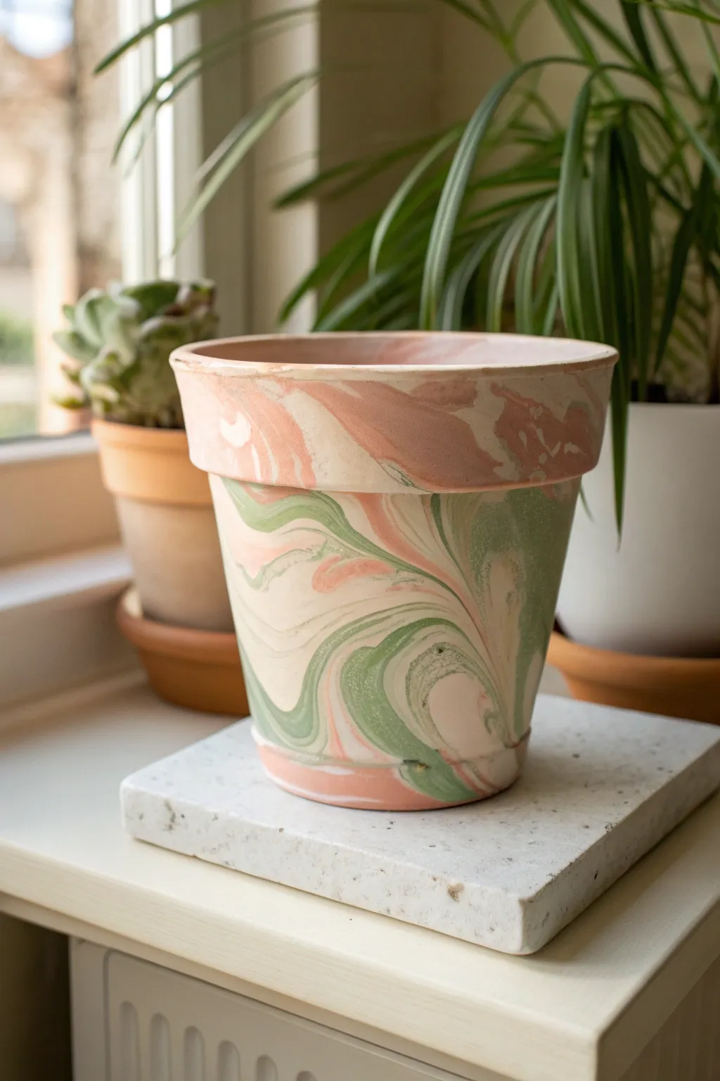 Soft marbled swirl terracotta pot in blush, sage, and ivory for a minimalist boho shelf.