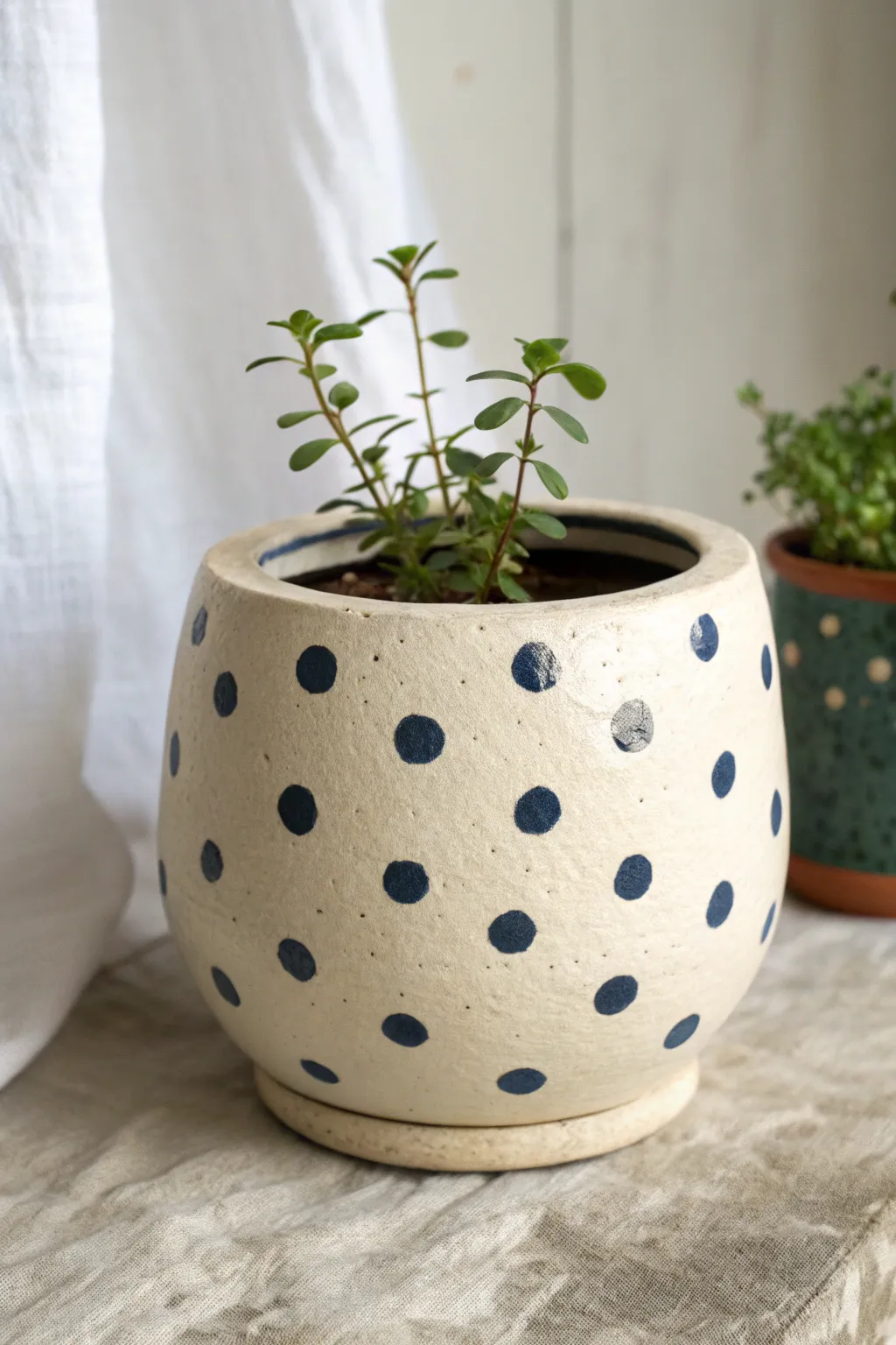 Two-tone polka dot clay pot in cream and navy, minimalist yet playful for a clean shelf look.