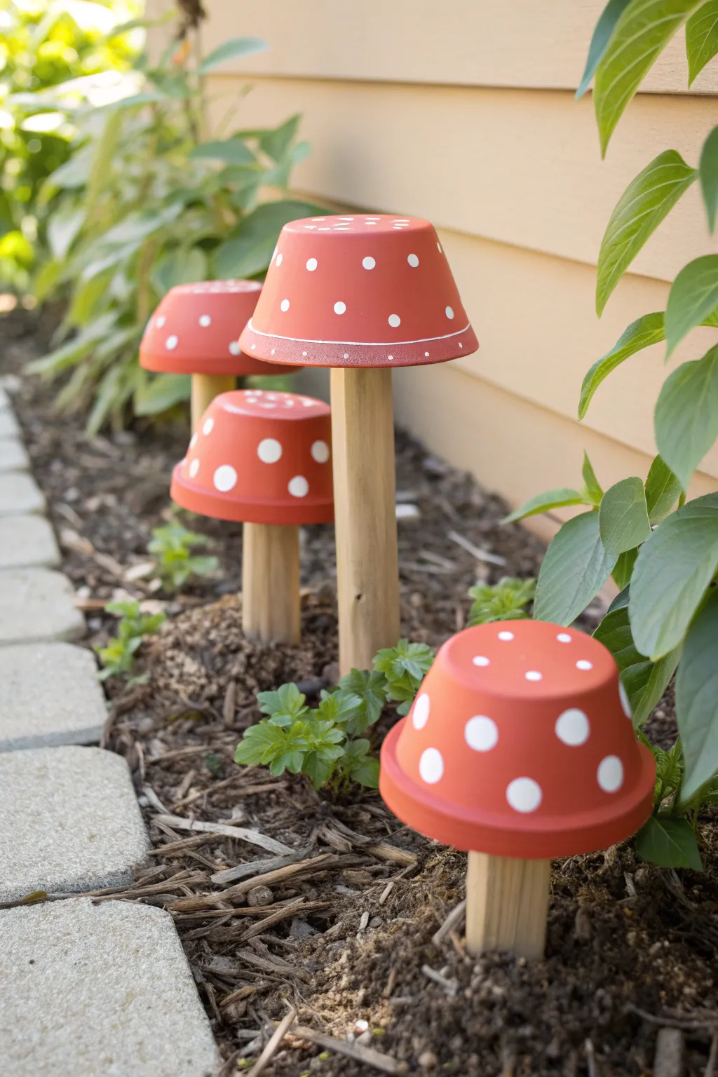 Whimsical clay pot mushroom garden stakes bring playful charm to your potted plants.