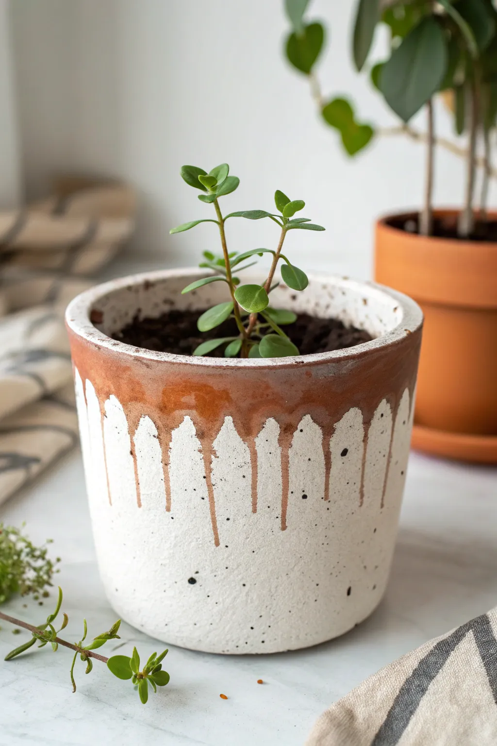 Bold drip-paint rim + tiny green plant: the easiest artsy upgrade for a plain clay pot.