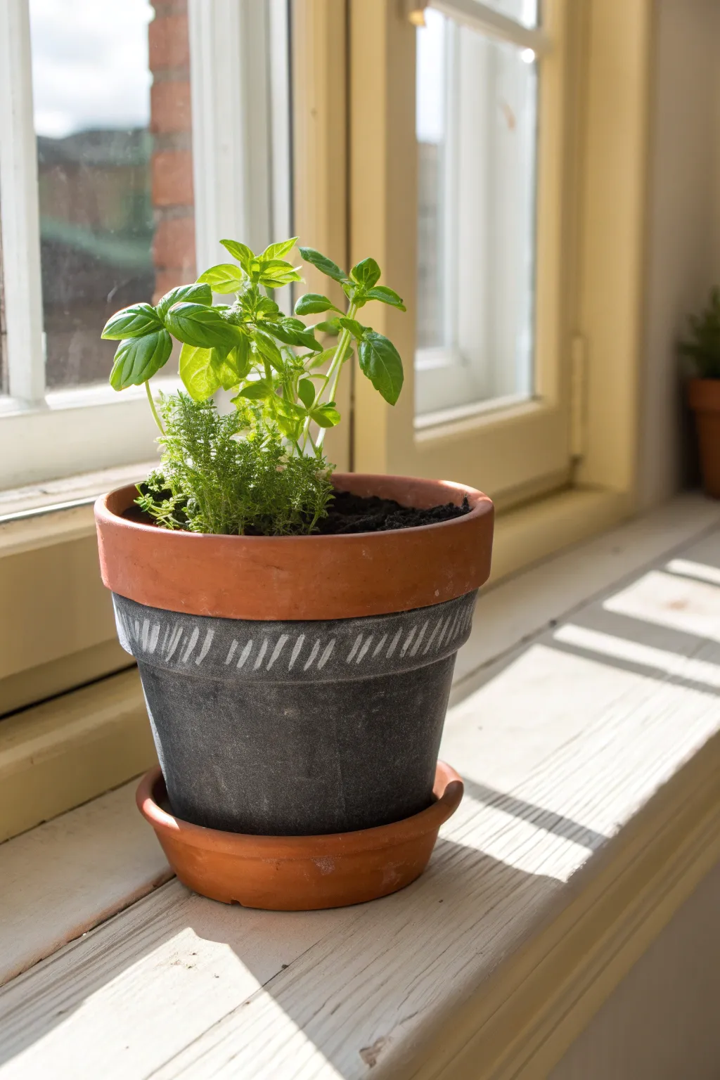 Terracotta herb pot with a chalkboard band, warm sunlight and clean Scandinavian simplicity.