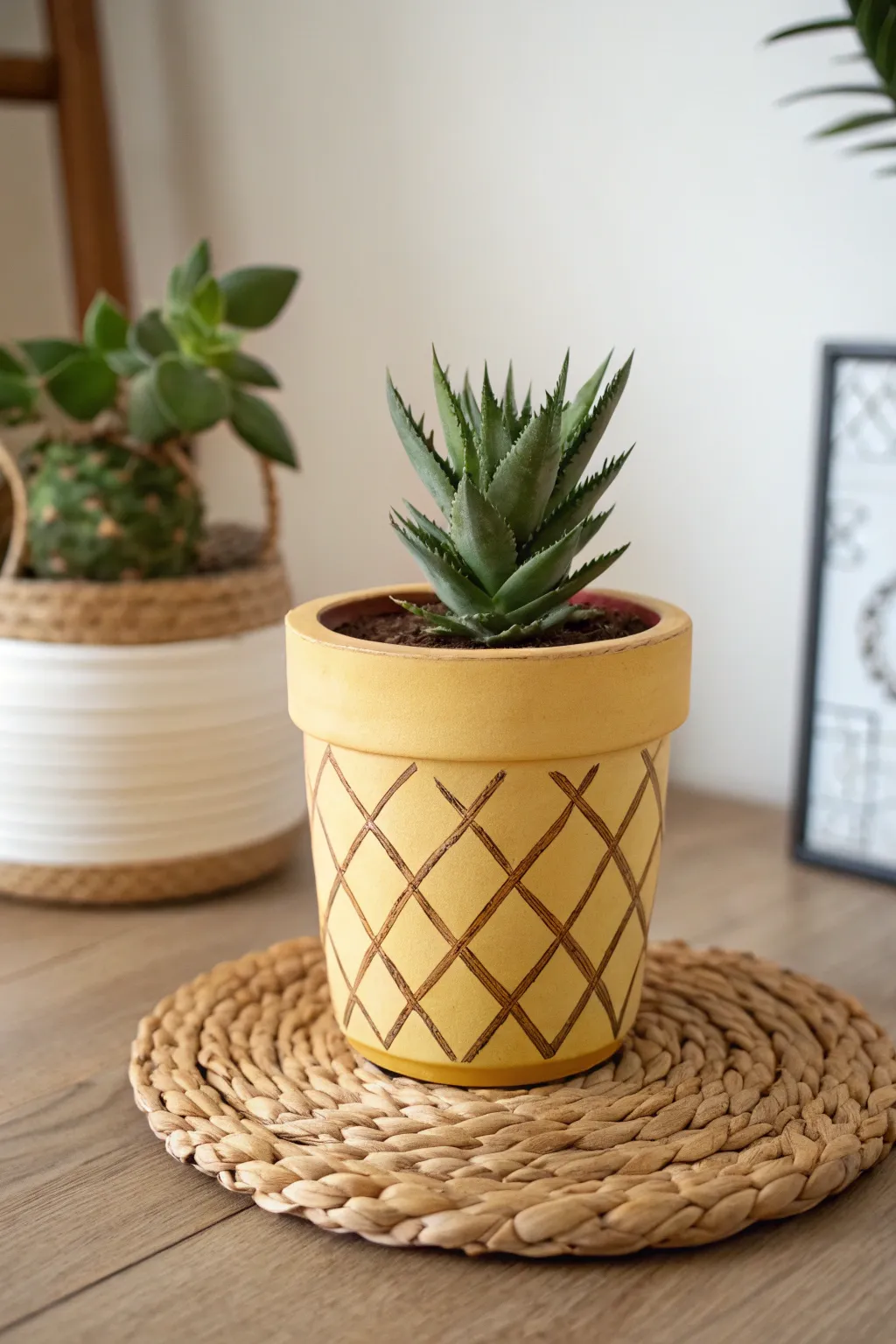 Fruit-themed clay pot ideas: a pineapple planter with spiky greens in a minimal boho style