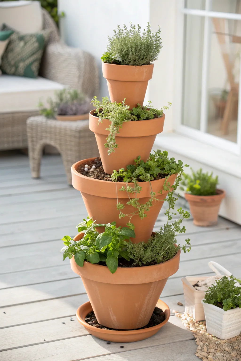 Sunlit tiered terracotta herb tower, compact and chic for minimalist boho patio gardening