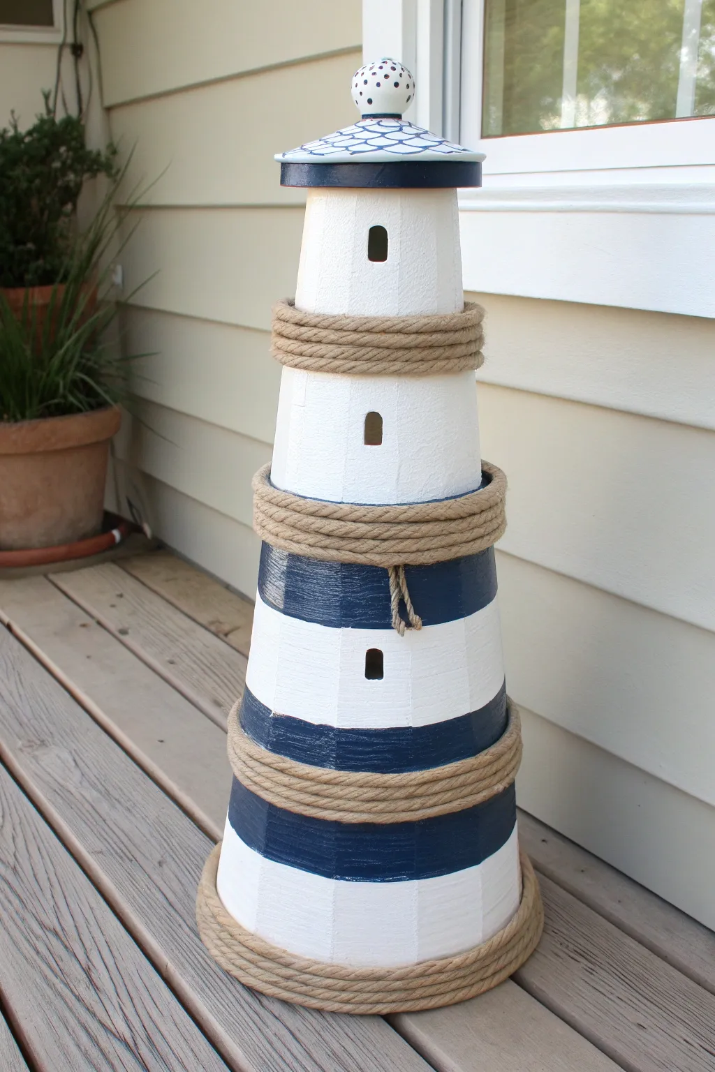 Rope-trimmed clay pot lighthouse with simple stripes, perfect for a calm coastal porch vignette.