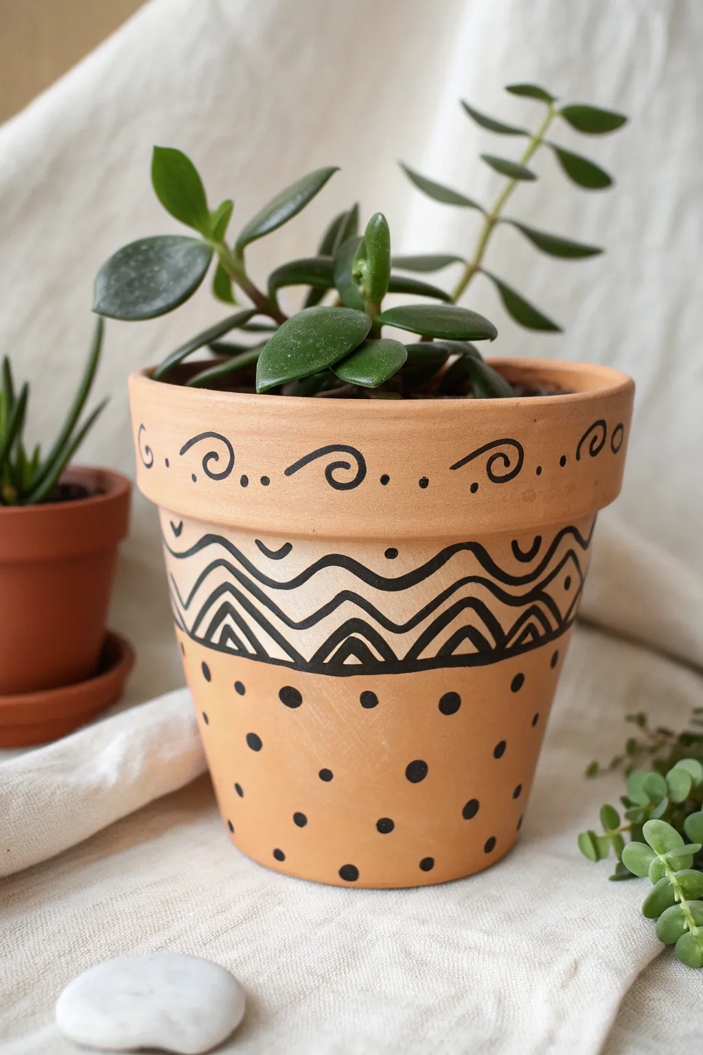 Bold paint pen squiggles on a matte clay pot, styled with a simple trailing plant