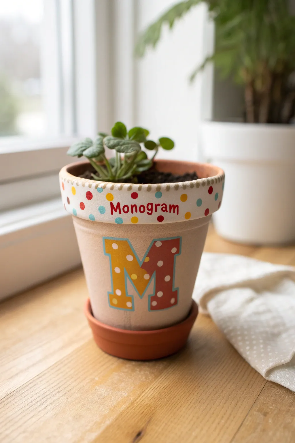 Simple stencil monogram pot with playful dots, a kid-friendly painting idea in Scandi boho style