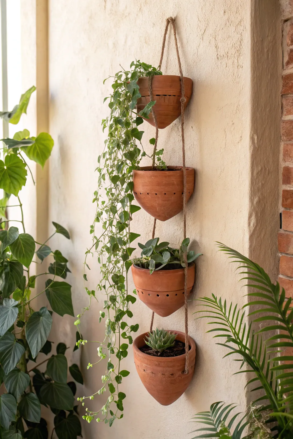 Hanging clay wall pocket planters in a warm minimal trio, styled with soft trailing greenery