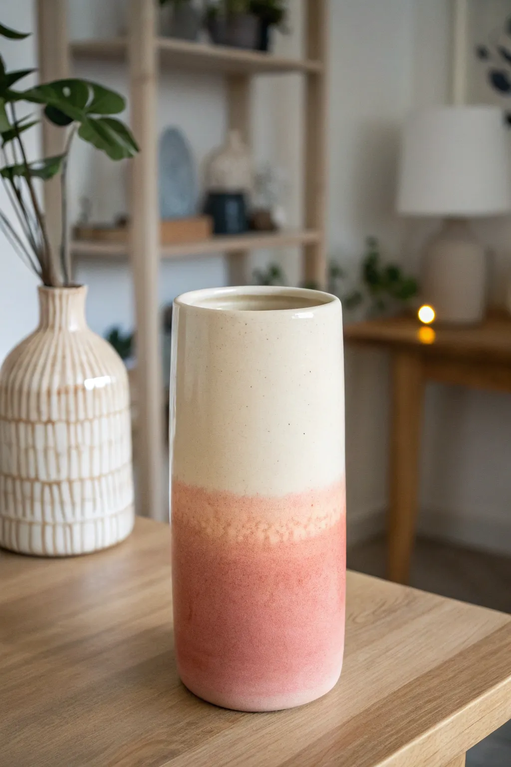 Soft ombre ceramic tumbler-vase in blush to cream for a calm Scandinavian-boho look