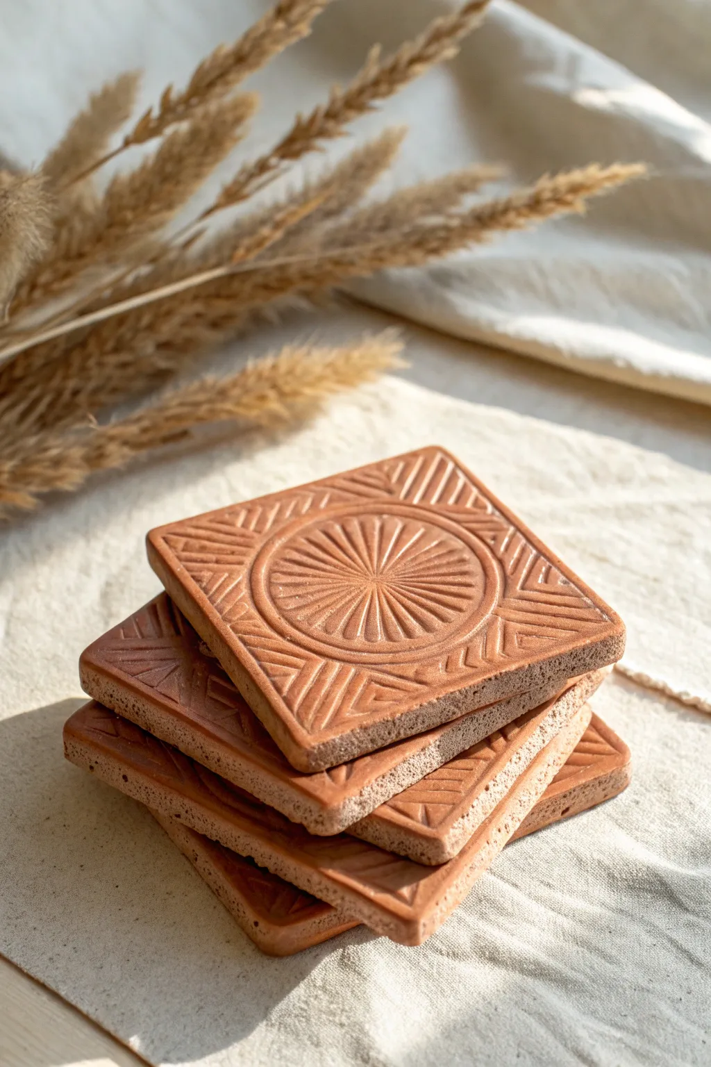 Simple stamped clay tile coasters in a warm neutral palette for a cozy minimalist table