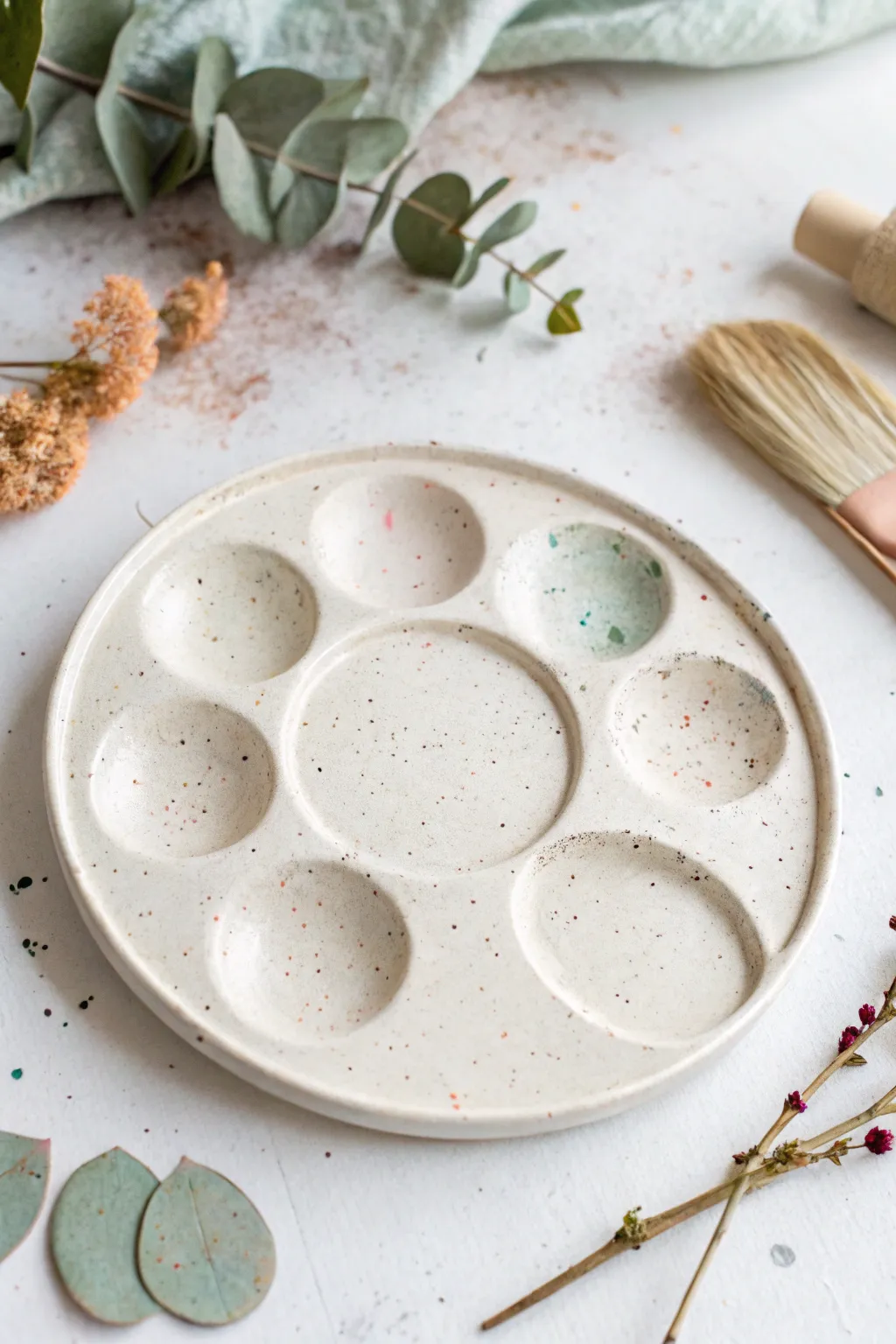 Beginner-friendly ceramic paint palette with thumb wells, minimal style and soft artsy splatters.
