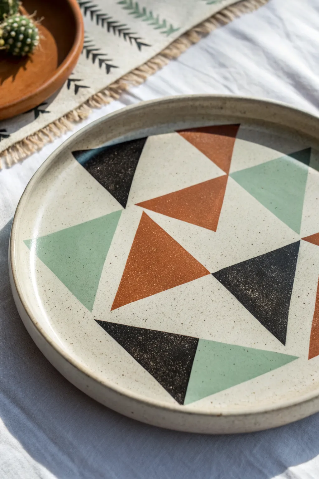 Minimalist triangles and diamonds on a hand-painted plate for clean, modern pottery style