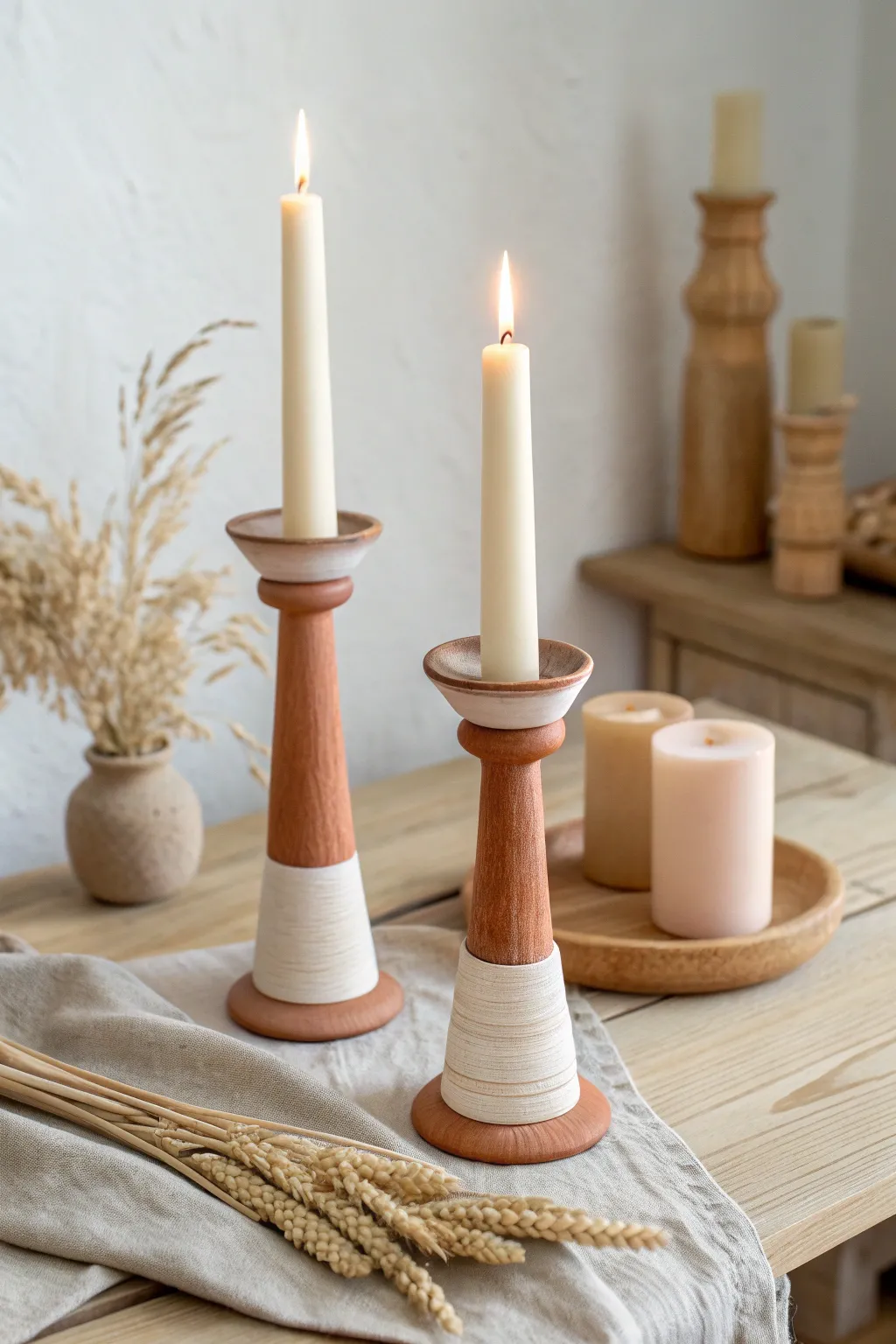Mixed-height clay candle holders in soft neutrals, a cozy giftable set for any table.