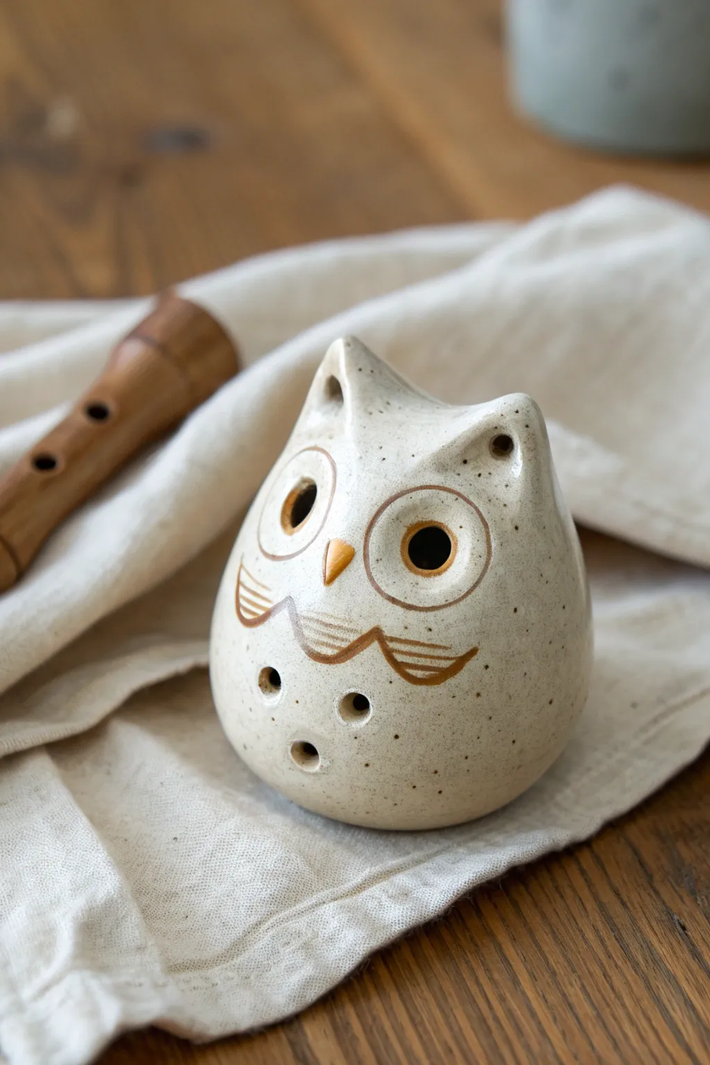 Minimalist pinch pot whistle creature with soft texture, crafted details, and warm natural light